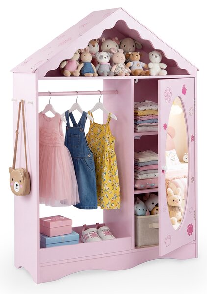 Costway Armadio specchio per bambini con guardaroba e ganci, Organizzatore costumi per cameretta e stanza giochi Rosa
