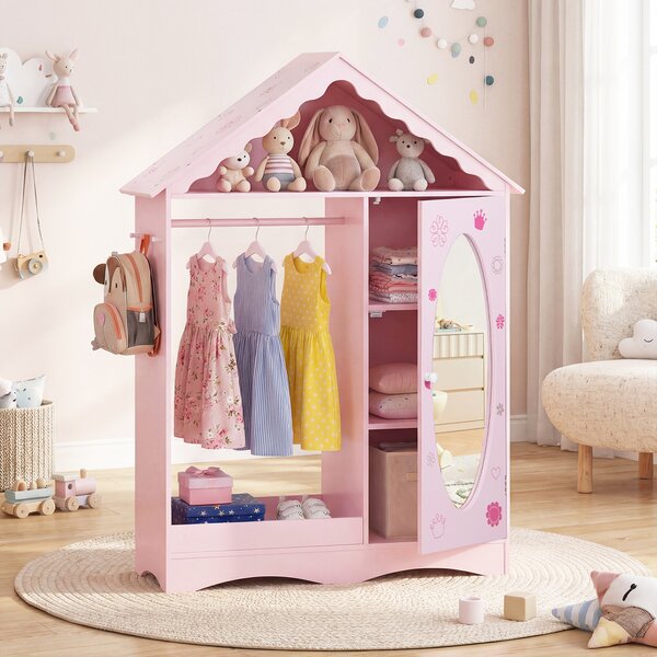 Costway Armadio specchio per bambini con guardaroba e ganci, Organizzatore costumi per cameretta e stanza giochi Rosa