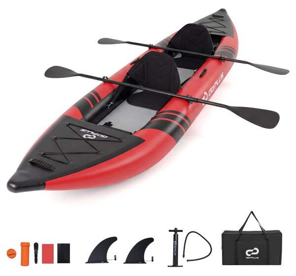 Costway Set kayak gonfiabile per 2 persone con sedili imbottiti e poggiapiedi regolabili, Kayak portatile da pesca e touring 381 cm Rosso