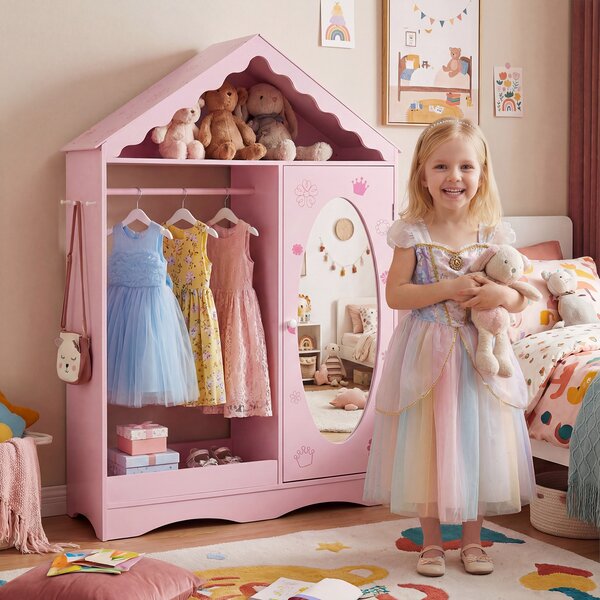 Costway Armadio specchio per bambini con guardaroba e ganci, Organizzatore costumi per cameretta e stanza giochi Rosa
