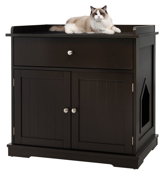 Costway Armadietto moderno per lettiera gatto con design compatto e funzionale, Mobile con cassetto e 2 porte per nascondere lettiera Marrone
