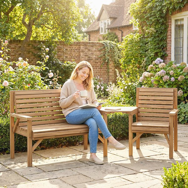 Outsunny Sedie da giardino set da 3, Set mobili per balcone con foro per ombrellone, sedia da giardino, panca, tavolino rimovibile 121x65x90 cm Legno naturale | Aosom Italy