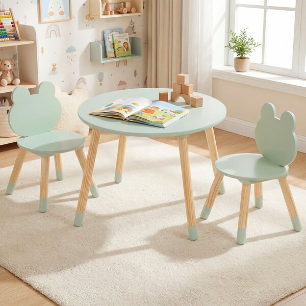 Costway Set tavolo e sedie per bambini a forma di rana con gambe in legno, Arredamento multiattività per casa e asilo 3+ anni Verde
