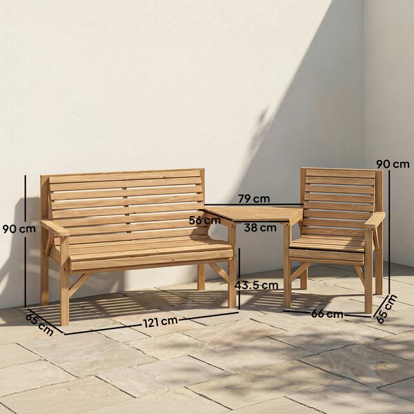 Outsunny Sedie da giardino set da 3, Set mobili per balcone con foro per ombrellone, sedia da giardino, panca, tavolino rimovibile 121x65x90 cm Legno naturale | Aosom Italy