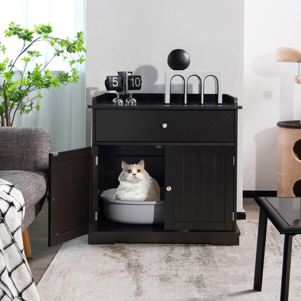 Costway Armadietto moderno per lettiera gatto con design compatto e funzionale, Mobile con cassetto e 2 porte per nascondere lettiera Marrone