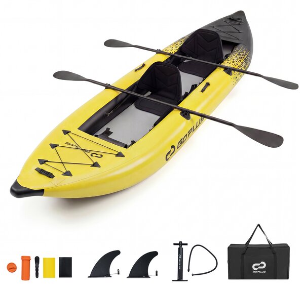 Costway Set kayak gonfiabile per 2 persone con sedili imbottiti e poggiapiedi regolabili, Kayak portatile da pesca e touring 381 cm Giallo