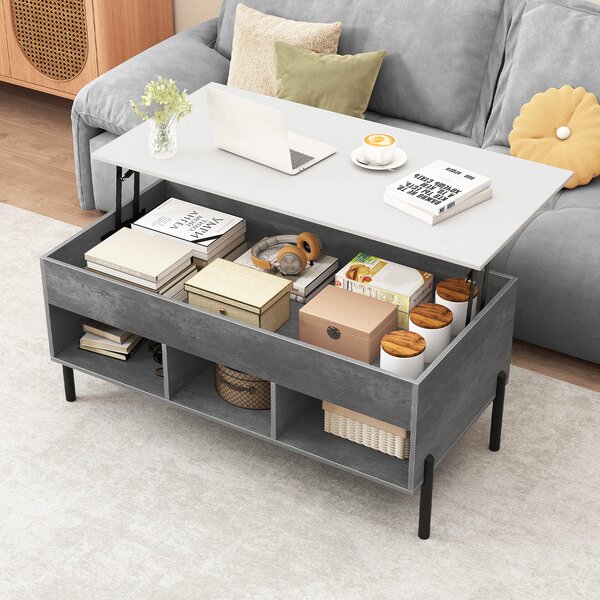 Costway Tavolino da salotto sollevabile con scomparti e gambe in metallo, Tavolino funzionale per soggiorno camera ufficio 100x50x45-59,5 cm Grigio