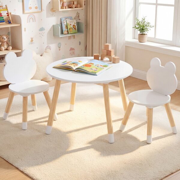 Costway Set tavolo e sedie per bambini a forma di rana con gambe in legno, Arredamento multiattività per casa e asilo 3+ anni Bianco