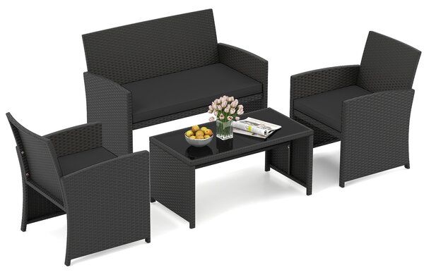 Costway Set da salotto per patio in rattan 4 pezzi con divanetto e poltrone, Mobili da esterno con tavolino vetro temperato per giardino e piscina Nero
