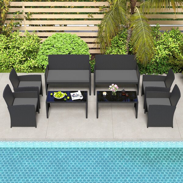 Costway Set da salotto per patio in rattan 4 pezzi con divanetto e poltrone, Mobili da esterno con tavolino vetro temperato per giardino e piscina Grigio