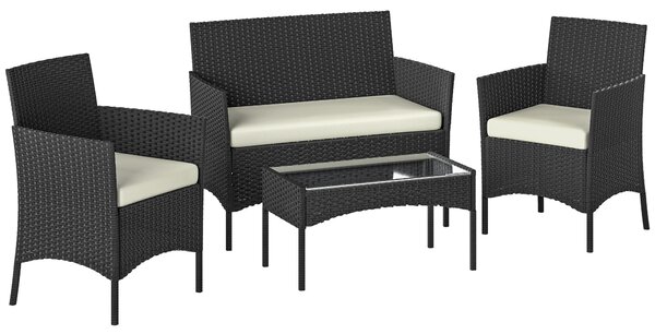 Outsunny Set Mobili da Giardino in Rattan Sintetico con Divano, Poltrone e Tavolo in Vetro Temperato con Cuscini Nero e Crema | Aosom Italy