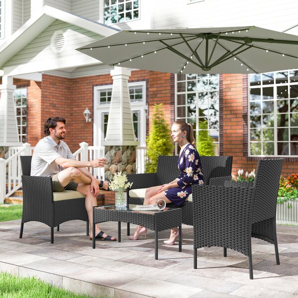 Outsunny Set Mobili da Giardino in Rattan Sintetico con Divano, Poltrone e Tavolo in Vetro Temperato con Cuscini Nero e Crema | Aosom Italy
