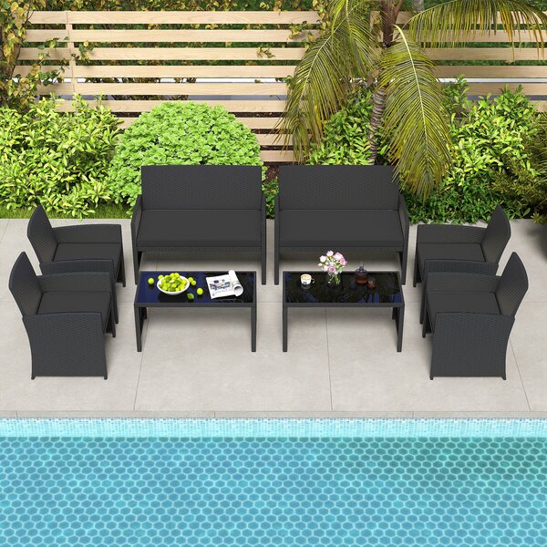 Costway Set da salotto per patio in rattan 4 pezzi con divanetto e poltrone, Mobili da esterno con tavolino vetro temperato per giardino e piscina Nero