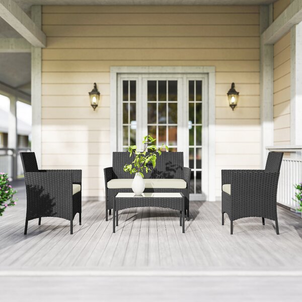 Outsunny Set Mobili da Giardino in Rattan Sintetico con Divano, Poltrone e Tavolo in Vetro Temperato con Cuscini Nero e Crema | Aosom Italy