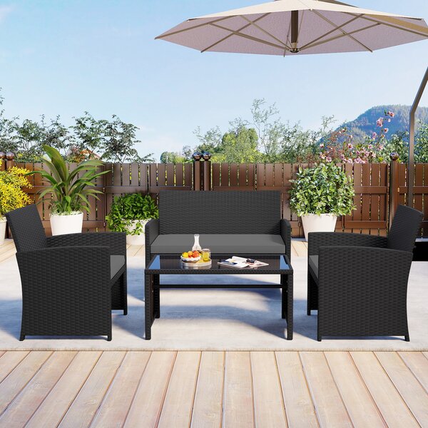 Costway Set da salotto per patio in rattan 4 pezzi con divanetto e poltrone, Mobili da esterno con tavolino vetro temperato per giardino e piscina Grigio
