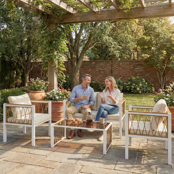 Outsunny Set da giardino 4 pezzi Polyrattan Lounge con divano 2 posti 2 poltrone tavolo in vetro cuscini rimovibili tappetino antiscivolo | Aosom Italy