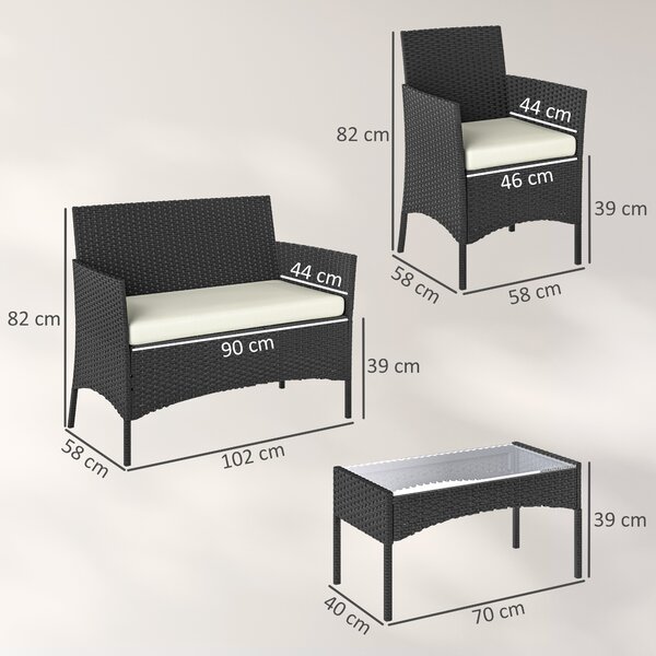 Outsunny Set Mobili da Giardino in Rattan Sintetico con Divano, Poltrone e Tavolo in Vetro Temperato con Cuscini Nero e Crema | Aosom Italy