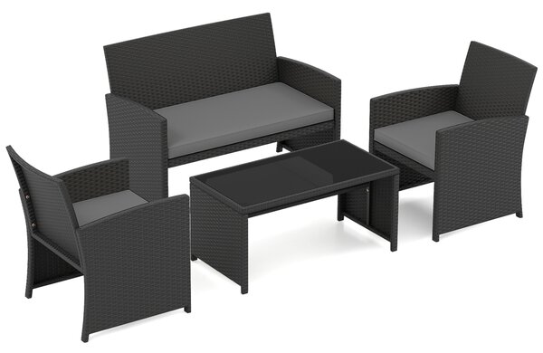 Costway Set da salotto per patio in rattan 4 pezzi con divanetto e poltrone, Mobili da esterno con tavolino vetro temperato per giardino e piscina Grigio