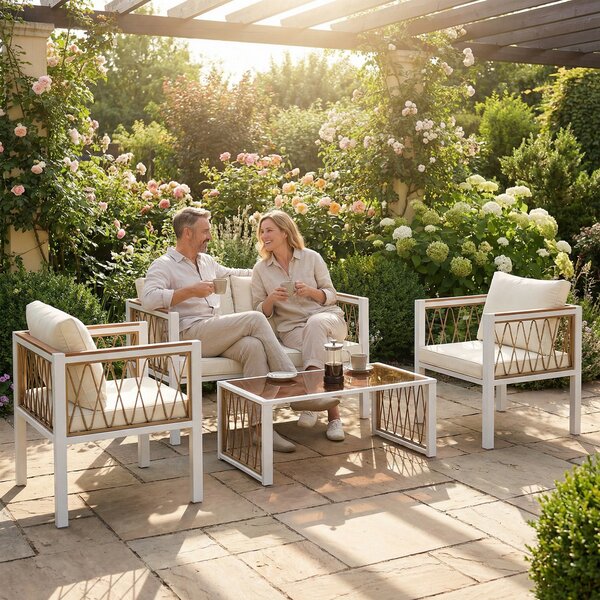 Outsunny Set da giardino 4 pezzi Polyrattan Lounge con divano 2 posti 2 poltrone tavolo in vetro cuscini rimovibili tappetino antiscivolo | Aosom Italy
