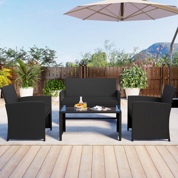 Costway Set da salotto per patio in rattan 4 pezzi con divanetto e poltrone, Mobili da esterno con tavolino vetro temperato per giardino e piscina Nero