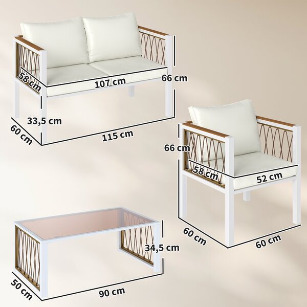 Outsunny Set da giardino 4 pezzi Polyrattan Lounge con divano 2 posti 2 poltrone tavolo in vetro cuscini rimovibili tappetino antiscivolo | Aosom Italy