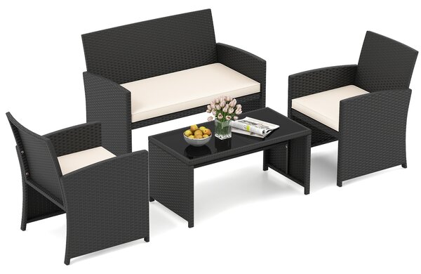 Costway Set da salotto per patio in rattan 4 pezzi con divanetto e poltrone, Mobili da esterno con tavolino vetro temperato per giardino e piscina Beige