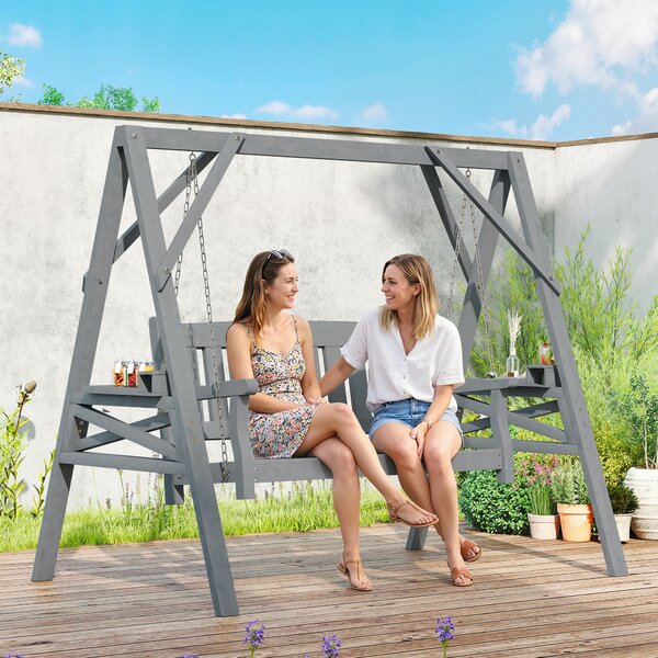 Outsunny Dondolo da giardino 2 posti, Panca a dondolo in legno con ripiani, portabicchieri e catene metalliche, Grigio | Aosom Italy
