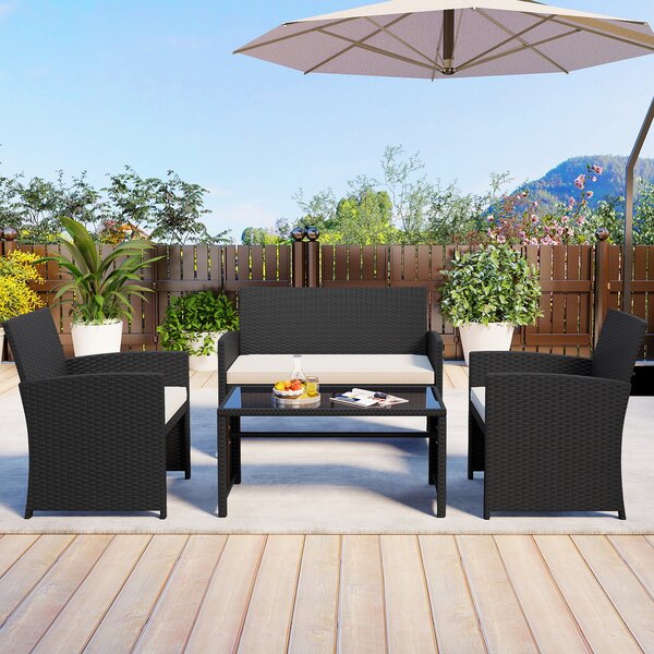 Costway Set da salotto per patio in rattan 4 pezzi con divanetto e poltrone, Mobili da esterno con tavolino vetro temperato per giardino e piscina Beige