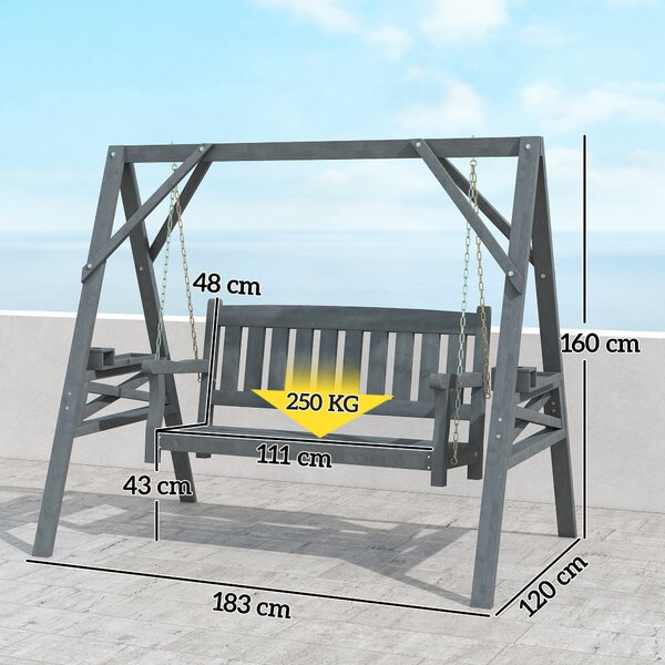 Outsunny Dondolo da giardino 2 posti, Panca a dondolo in legno con ripiani, portabicchieri e catene metalliche, Grigio | Aosom Italy