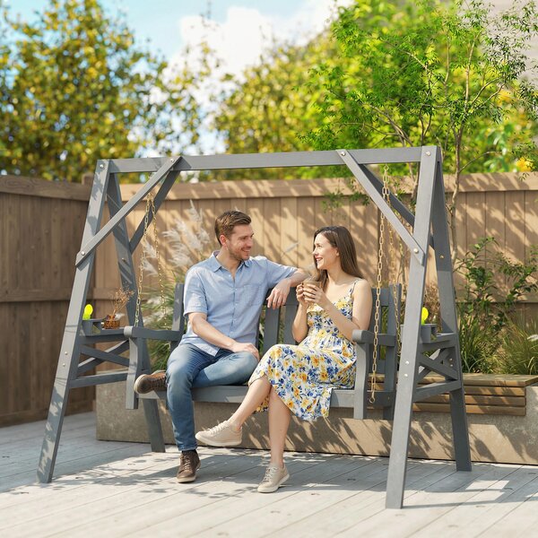 Outsunny Dondolo da giardino 2 posti, Panca a dondolo in legno con ripiani, portabicchieri e catene metalliche, Grigio | Aosom Italy