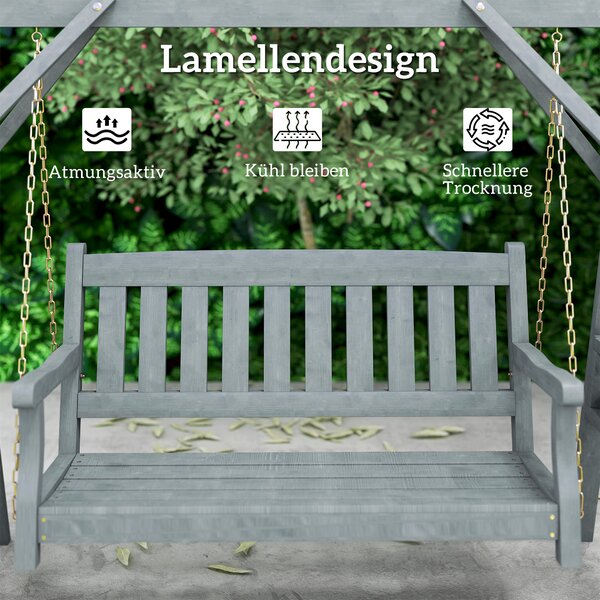 Outsunny Dondolo da giardino 2 posti, Panca a dondolo in legno con ripiani, portabicchieri e catene metalliche, Grigio | Aosom Italy