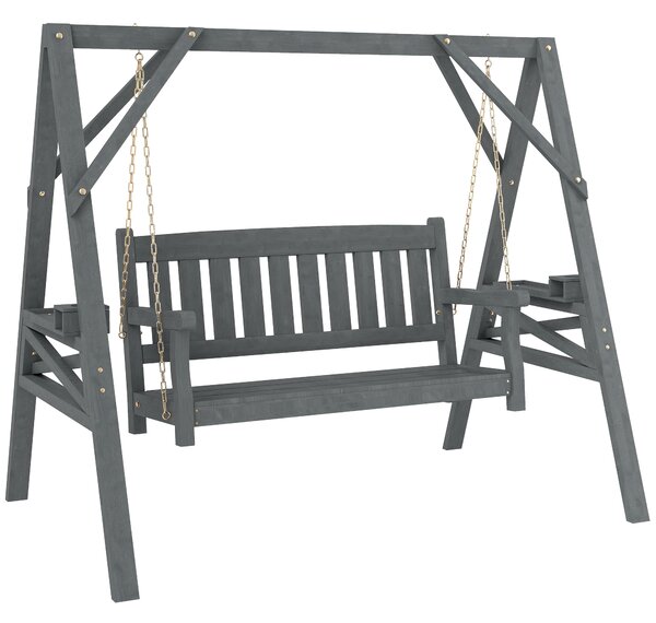 Outsunny Dondolo da giardino 2 posti, Panca a dondolo in legno con ripiani, portabicchieri e catene metalliche, Grigio | Aosom Italy