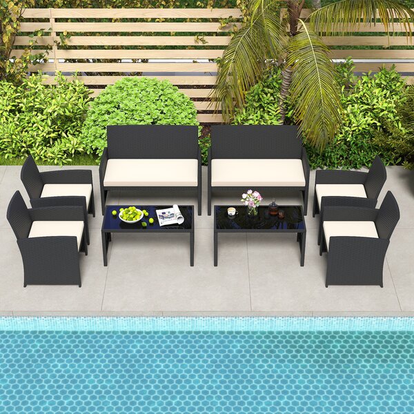 Costway Set da salotto per patio in rattan 4 pezzi con divanetto e poltrone, Mobili da esterno con tavolino vetro temperato per giardino e piscina Beige