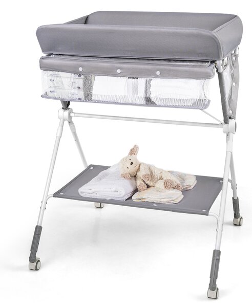 Costway Tavolo fasciatoio portatile pieghevole con altezza regolabile a 3 livelli, Stazione cambia pannolini mobile con cestino mensola e ruote blocabili Grigio