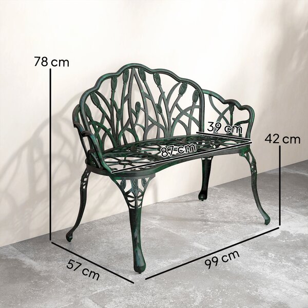 Outsunny Panca da giardino in alluminio pressofuso, panca esterna 2 posti con schienale a tulipano, seduta floreale, 99 x 57 x 78 cm, verde antico | Aosom Italy