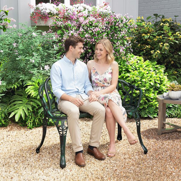 Outsunny Panca da giardino in alluminio pressofuso, panca esterna 2 posti con schienale a tulipano, seduta floreale, 99 x 57 x 78 cm, verde antico | Aosom Italy