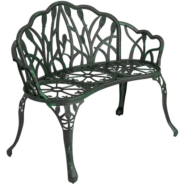 Outsunny Panca da giardino in alluminio pressofuso, panca esterna 2 posti con schienale a tulipano, seduta floreale, 99 x 57 x 78 cm, verde antico | Aosom Italy