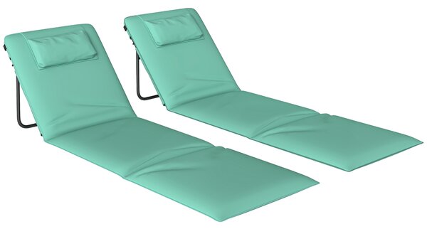 Outsunny Set di 2 Stuoie da Spiaggia Pieghevoli con Schienale Regolabile Poggiatesta Imbottito 146x50x2 cm Verde | Aosom Italy