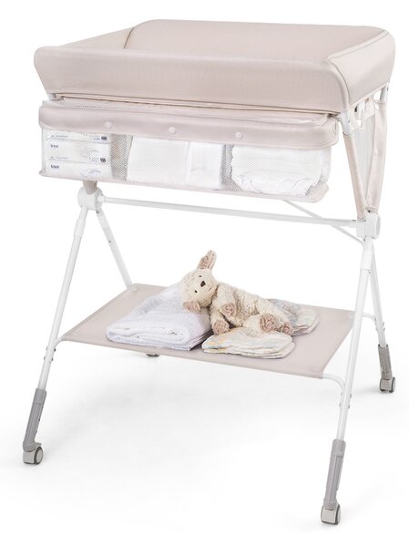 Costway Tavolo fasciatoio portatile pieghevole con altezza regolabile a 3 livelli, Stazione cambia pannolini mobile con cestino mensola e ruote blocabili Beige