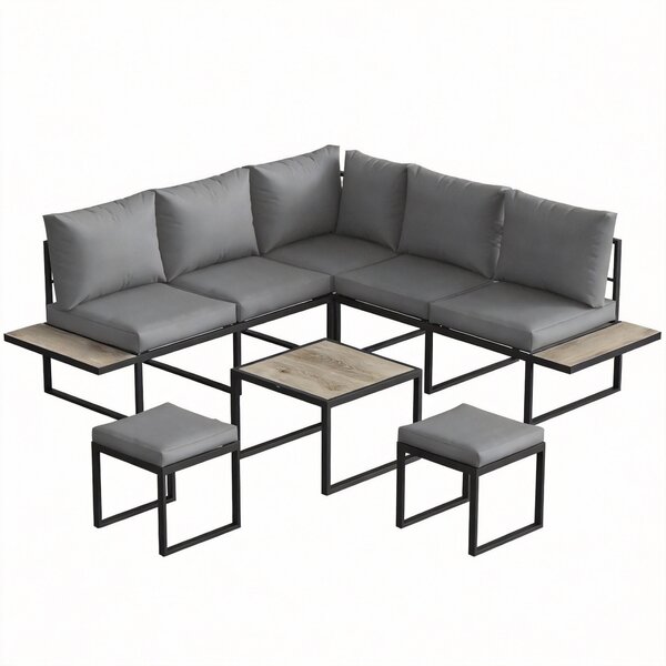 Outsunny Salotto da giardino esterno 6 persone modulabile tavolino e piani laterali in legno PSPC cuscini spessi 10 cm grigio | Aosom Italy