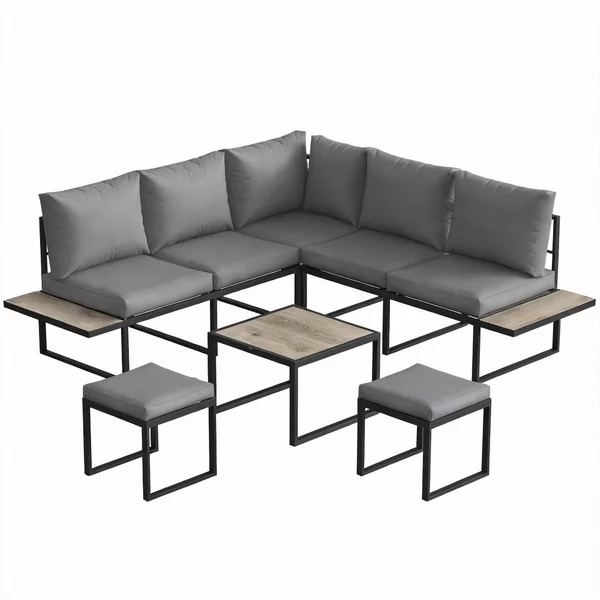Outsunny Salotto da giardino esterno 6 persone modulabile tavolino e piani laterali in legno PSPC cuscini spessi 10 cm grigio | Aosom Italy