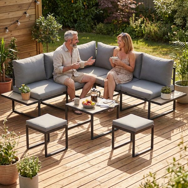 Outsunny Salotto da giardino esterno 6 persone modulabile tavolino e piani laterali in legno PSPC cuscini spessi 10 cm grigio | Aosom Italy
