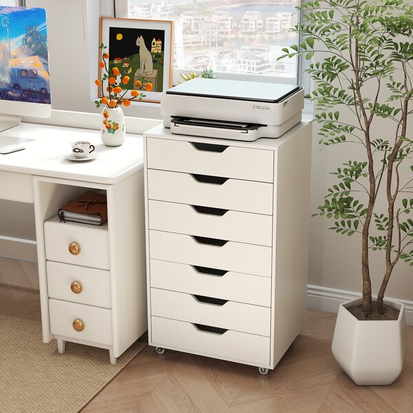 Costway Mobile con 7 cassetti organizzatore di documenti mobile con 4 ruote girevoli universali, Mobile comò verticale in legno Beige