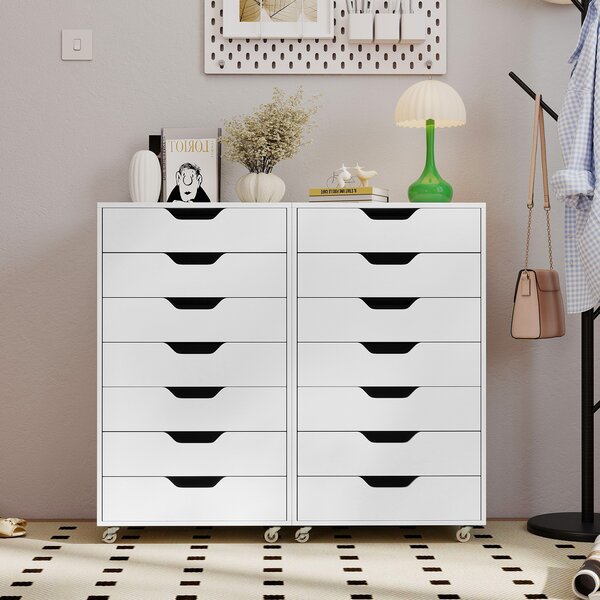 Costway Mobile con 7 cassetti organizzatore di documenti mobile con 4 ruote girevoli universali, Mobile comò verticale in legno Beige