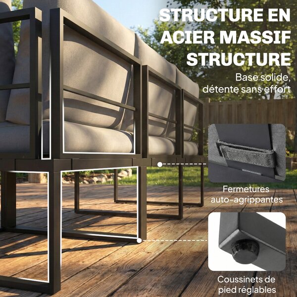 Outsunny Salotto da giardino esterno 6 persone modulabile tavolino e piani laterali in legno PSPC cuscini spessi 10 cm grigio | Aosom Italy