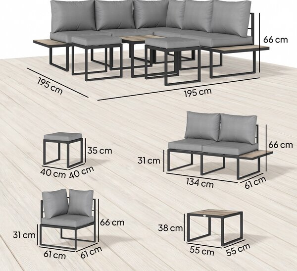 Outsunny Salotto da giardino esterno 6 persone modulabile tavolino e piani laterali in legno PSPC cuscini spessi 10 cm grigio | Aosom Italy