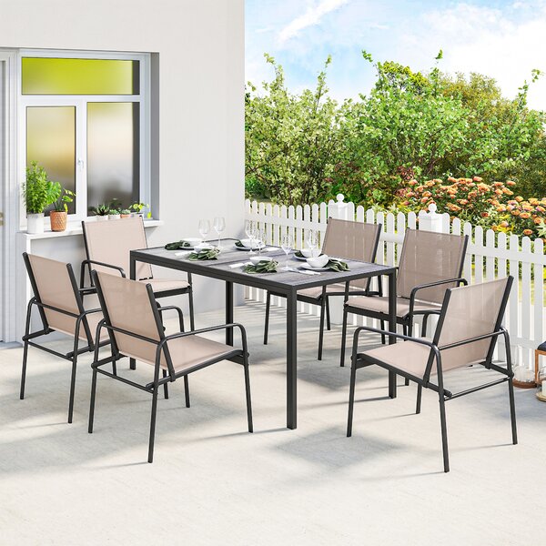 Outsunny Set Tavolo e Sedie da Giardino con Tavolo Effetto Legno e 6 Sedie con Seduta Traspirante per Terrazza Patio Kaki | Aosom Italy