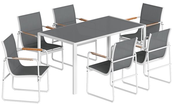Outsunny Set Tavolo e Sedie da Giardino con Piano in Vetro Temperato e 6 Sedie Traspiranti per Terrazza Patio Bianco e Grigio | Aosom Italy