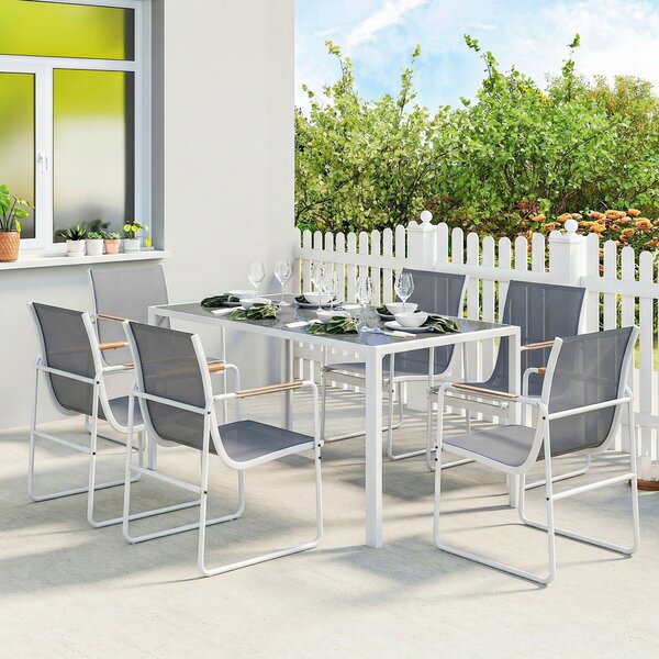 Outsunny Set Tavolo e Sedie da Giardino con Piano in Vetro Temperato e 6 Sedie Traspiranti per Terrazza Patio Bianco e Grigio | Aosom Italy