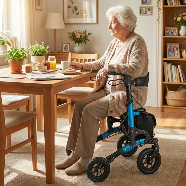 Costway Deambulatore a rotelle per anziani pieghevole con seduta e schienale in rete, Ausilio alla mobilità a 4 ruote con sospensione e accessori integrati Blu